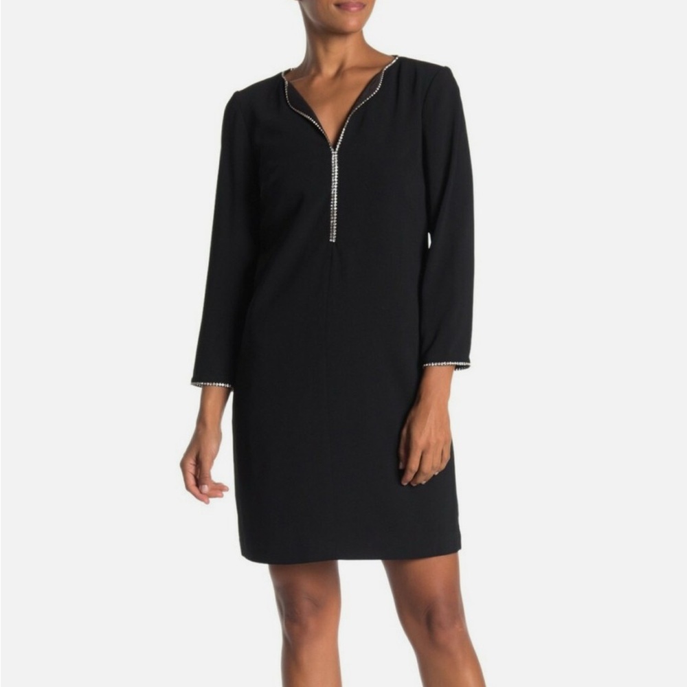 Trina Turk Rhinestone V-Neck Shift Dress — Black, Size 10